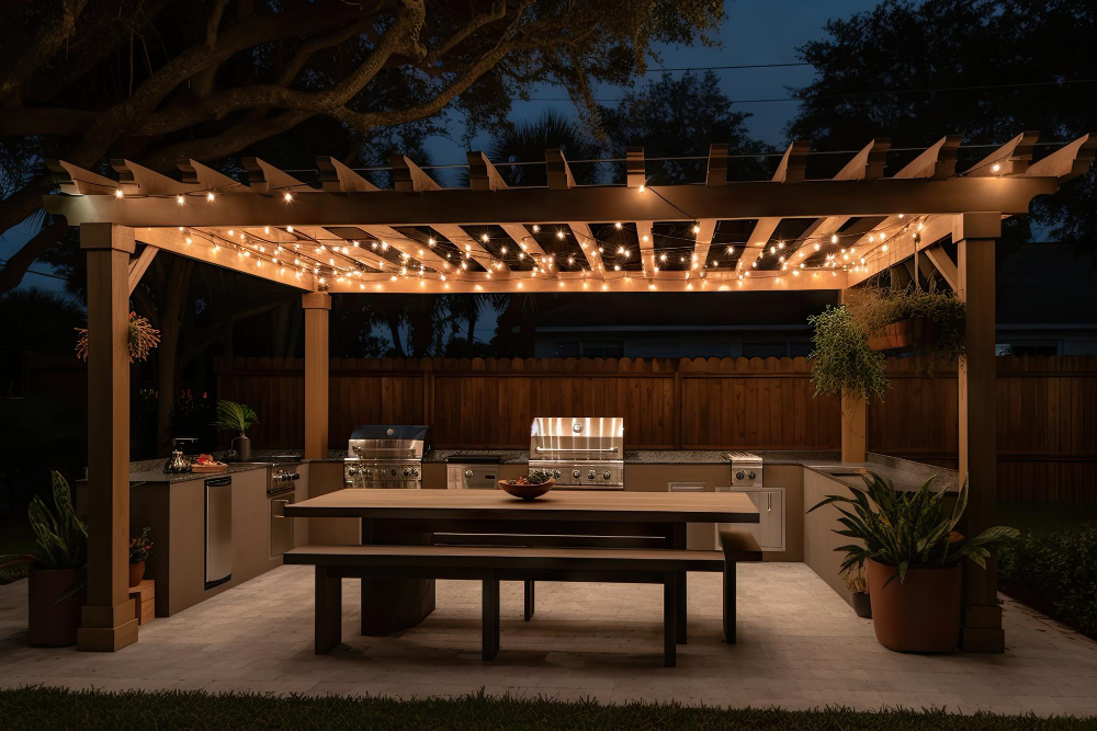 Rustic wooden veranda covering stone patio with garden view