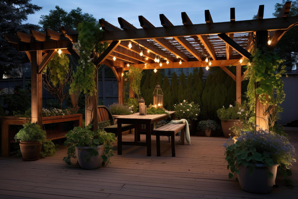 Canopy wood on the garden in the night with light bulbs